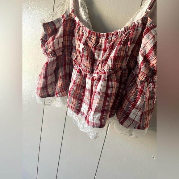 American Eagle Outfitters Red and White Plaid Cami with Lace - Picture 6 of 9